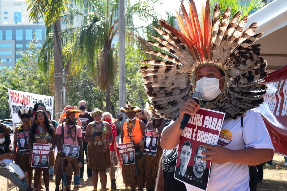 An indigenous demonstrator protests over the assassination of Dom Phillips and Bruno Pereira