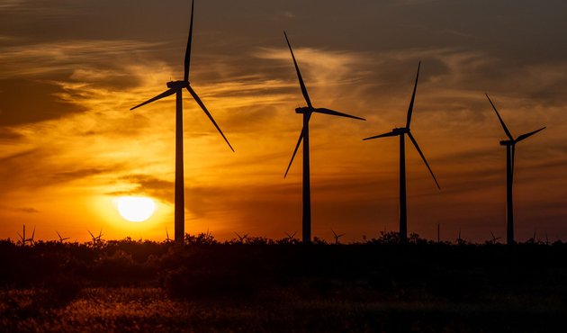 Wind turbines operate in a field at sunrise on June 28, 2024 in Nolan, Texas