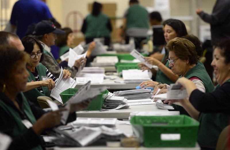 Election workers processing and counting ballots on election night in downtown Denver