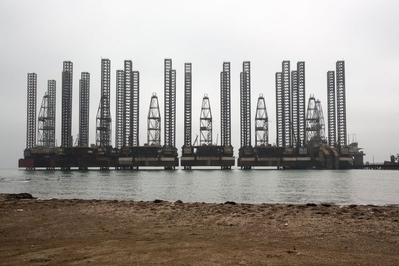 An oil platform operated by the State Oil Company of the Azerbaijan Republic (SOCAR) is seen offshore from Baku, Azerbaijan.