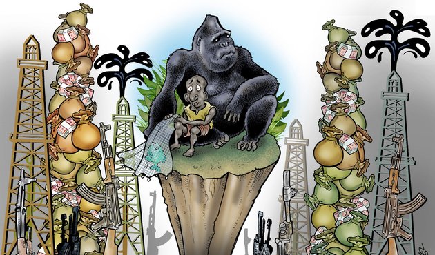 illustration of gorilla and poacher in virunga national park