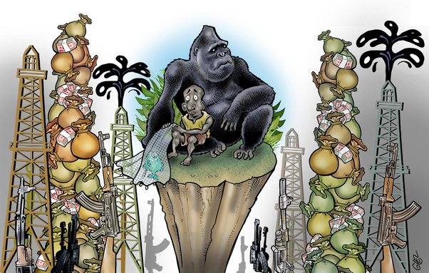 illustration of gorilla and poacher in virunga national park