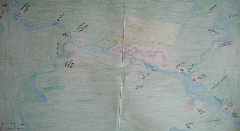 Hand-drawn maps sketched from memory by Kayabí people living on the Teles Pires, showing the location of Dinossauro village and the farm “Aldeia Ximari”