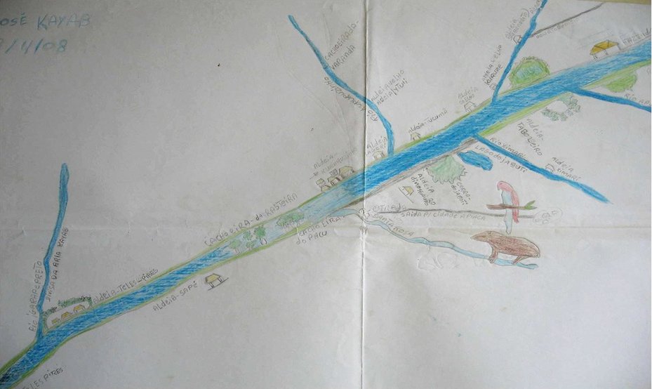 Hand-drawn maps sketched from memory by Kayabí people living on the Teles Pires, showing the location of Dinossauro village and the farm “Aldeia Ximari”