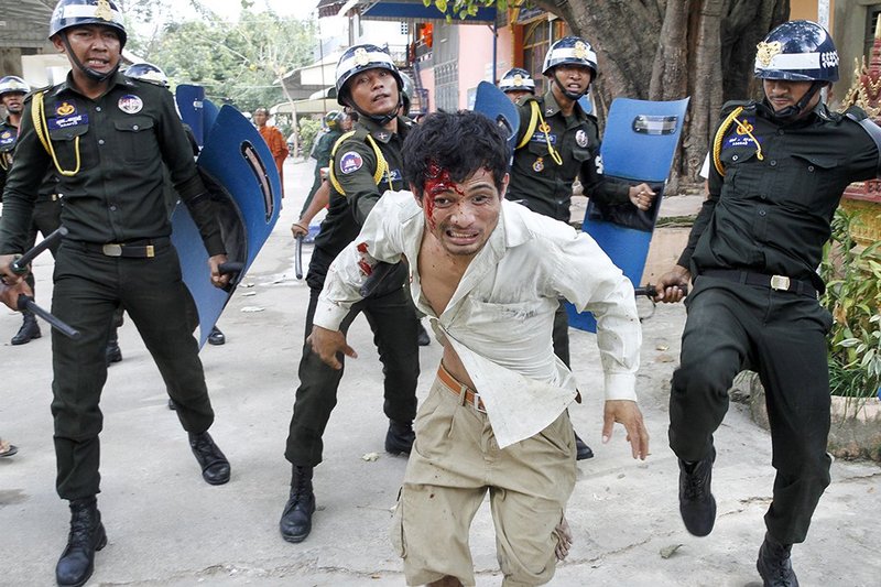 Protest garment workers at factory in Phnom Penh