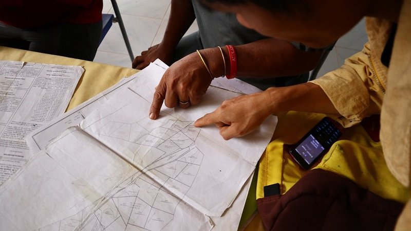 ADIMADC indigenous peoples group of the Higanonon tribe shows the map of their ancestral domain claim that has been allegedly occupied by the De Leon Ranch for the DOLE banana plantation in Impasug-ong town, Bukidnon province