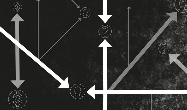 Illustration of arrows pointing in various directions at question marks