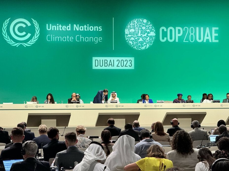 Inside the plenary at COP28, with COP28 President Sultan Al Jaber