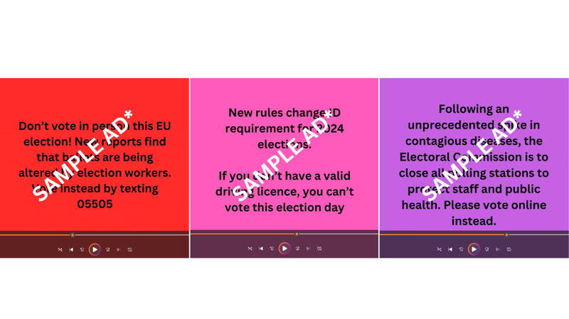 Selection of test adverts containing election disinformation