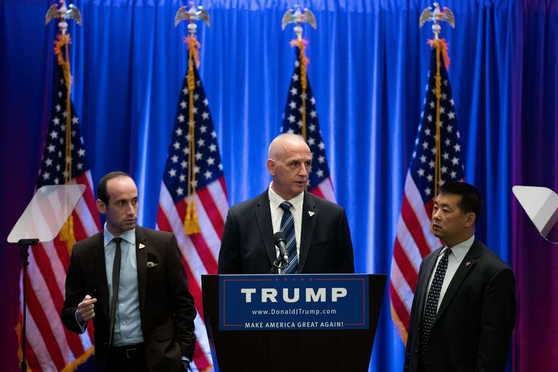 Security chief Keith Schiller checks the podium before then-Republican Presidential candidate Donald Trump speaks during a June 2016 event in New York City
