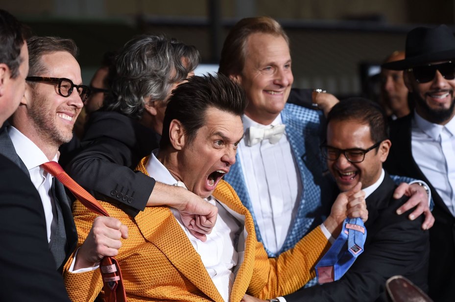 Filmmaker Bobby Farrelly, producer Joey McFarland, actor Jim Carrey, filmmaker Peter Farrelly, actor Jeff Daniels, producer Riza Aziz and musician Swizz Beatz arrive at the world premiere of Dumb And Dumber 2