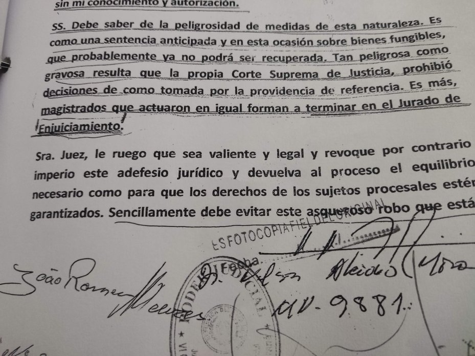 Excerpt from a letter from a soy farmer's lawyer to judge Eresmilda Román Paiva