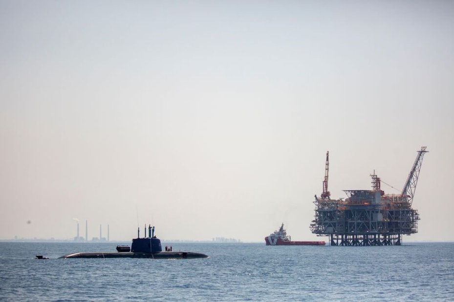 An oil platform in Israel's offshore Leviathan gas field is seen from on board the Israeli Navy Ship Atzmaut