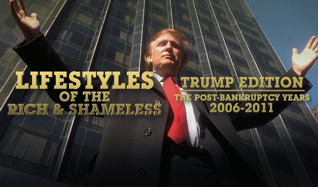 photo of trump in front of building with text saying 