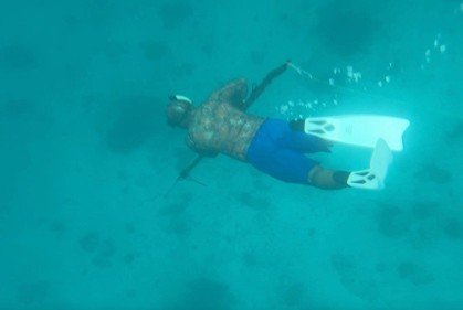 Lindert Mambrasar freediving, the view from above, him holding a spear and wearing fins