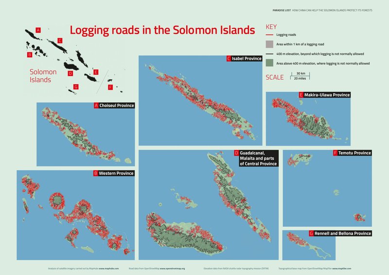 Map showing Logging roads in the Solomon Islands