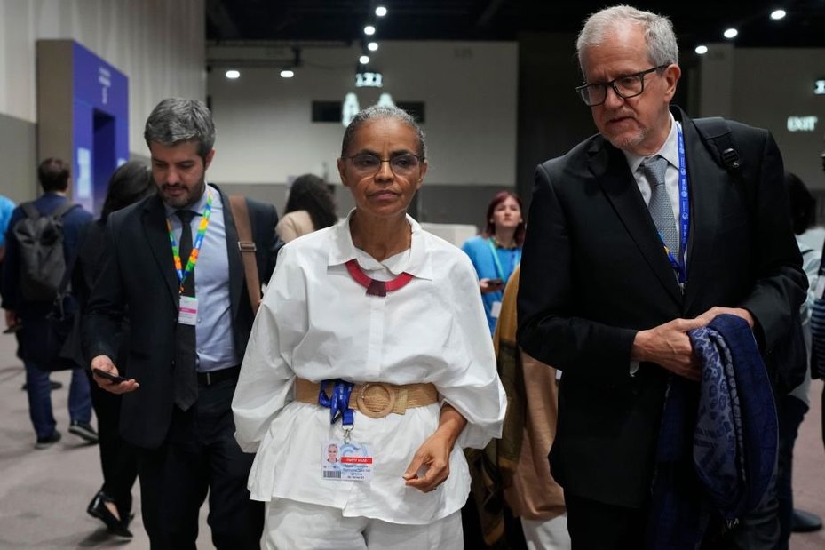 Brazilian Environment Minister Marina Silva leaves negotiations during the COP28 UN Climate Summit