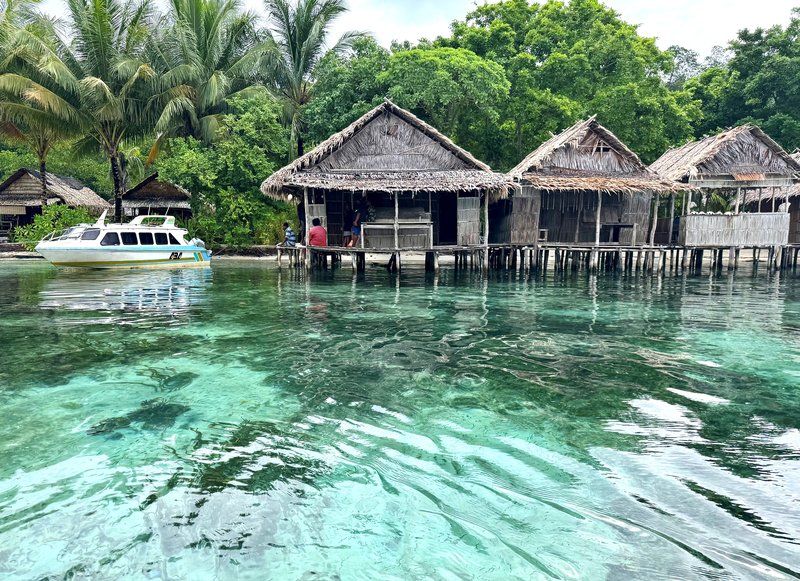 A view over Manyaifun's bay towards traditional stilted bungalows over the water