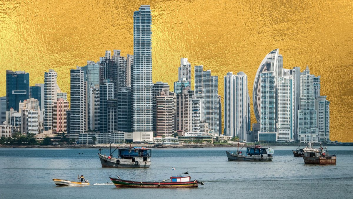 graphic showing panama office buildings against gold skyline with rowing boats on bay in front