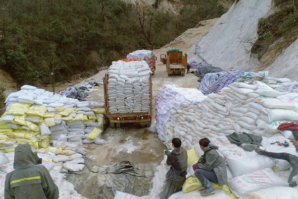 A truck delivers ammonium sulphate to a rare earth mine in Myanmar