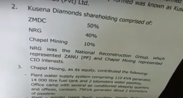 A document, seen in possession of the former CIO Director during the Hearing, appears to indicate a ZANU-PF company named National Reconstruction Group had a stake in Kusena Diamonds.