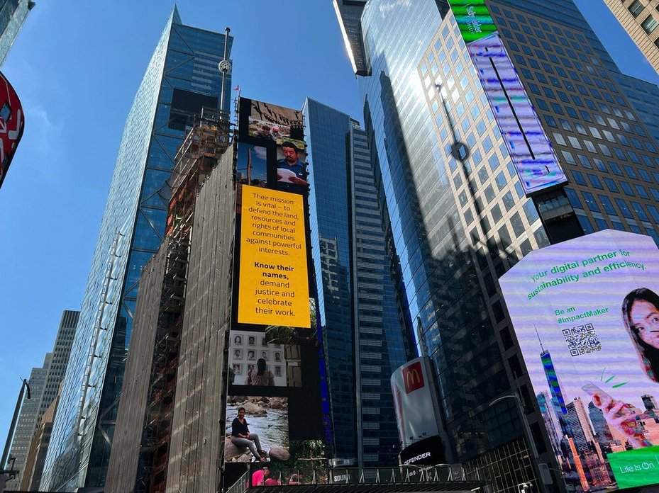 Global Witness' billboard in New York Times Square to commemorate murdered land and environmental defenders, in New York City, US, on 19 September 2024