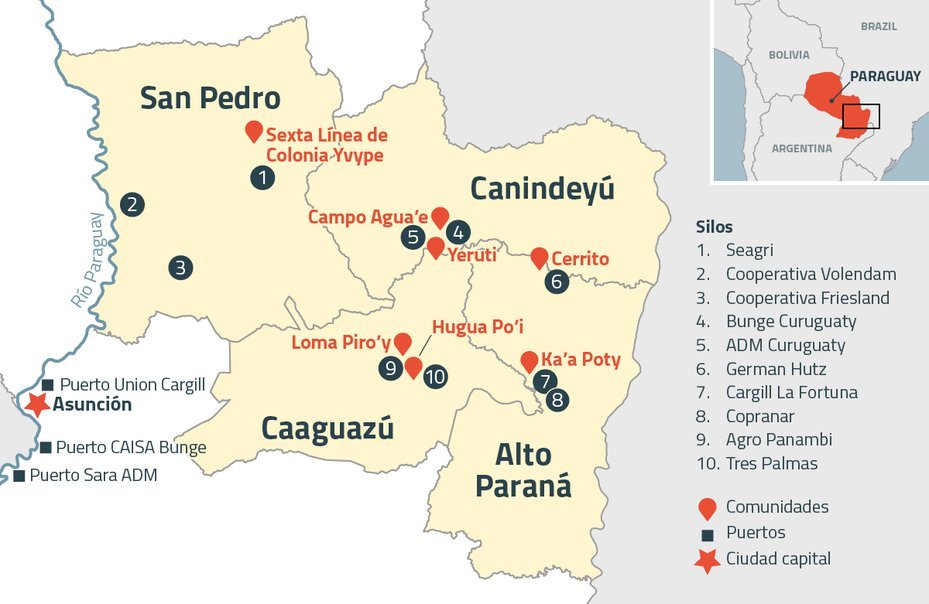 Map of locations in Eastern Paraguay of Indigenous and campesino communities impacted by human rights and land rights harms linked to soy production