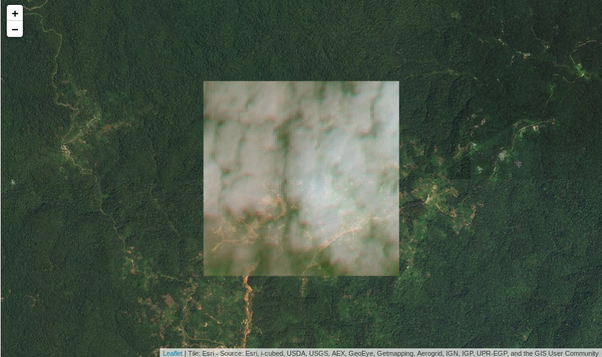 Eastern DRC’s dense forests and tropical cloud cover could have hampered the resolution of the Landsat satellite imagery. Cloudy Landsat 8 satellite image overlaid on a high resolution map. Paradiso Mine (an artisanal gold mining site), Ituri Province.