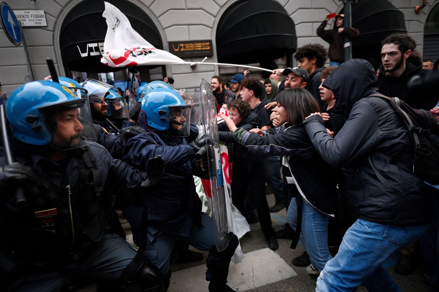 Protestors are confronted by police at the G7 Climate Meeting in April 2024