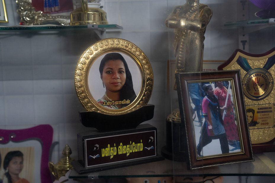 A photograph of 17 year old Snowlin marching on the day of the protest is on display at her house in Thoothukudi, India. Snowlin was killed during a protest against the copper smelting plant Sterlite.