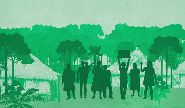 illustration showing group of defenders protesting deforestation in forest