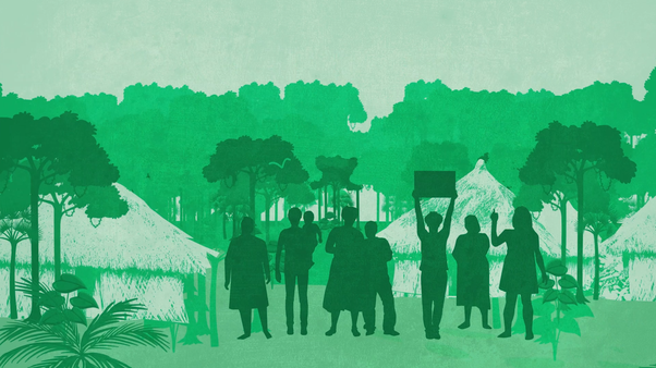 illustration showing group of defenders protesting deforestation in forest