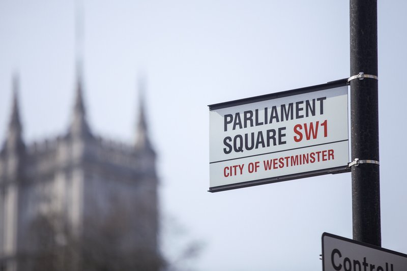 Parliament Square sign in Westminster, UK