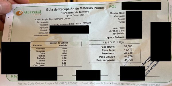 A receipt issued by the company Gravetal after soy was delivered to its installations on the border with Brazil