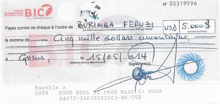 A $5,000 cheque from an account in the name of Soco’s Congo subsidiary made payable to ‘Burimba Feruzi’, dated 15 May 2014