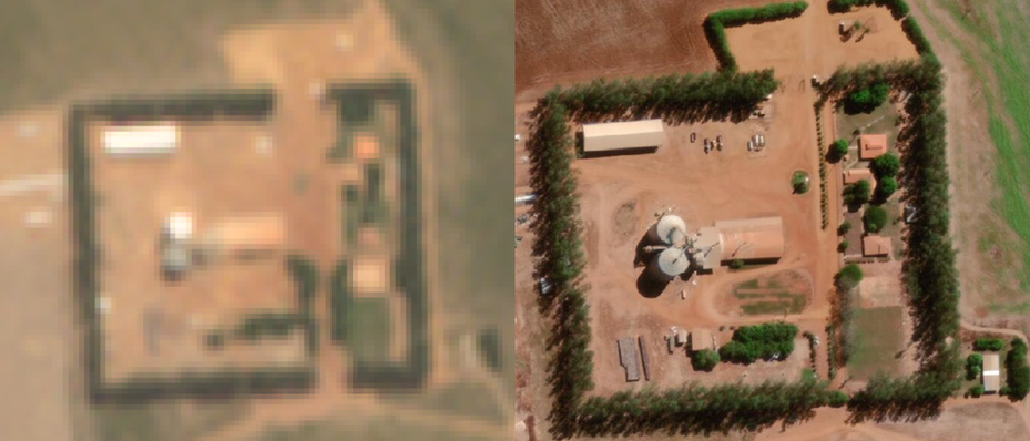 Satellite images of apparent soy storage bins at Fazenda Horizontina Leste in December 2015, after it had been acquired by Brookfield Agricultural Group and in April 2022 after it was sold