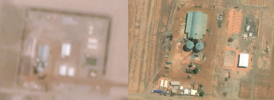 Satellite images of soy storage bins at Fazenda Nebraska in June 2019, after it had been acquired by Brookfield Agricultural Group, left (Credit: Planet Labs Inc.) and July 2021, just before it was sold