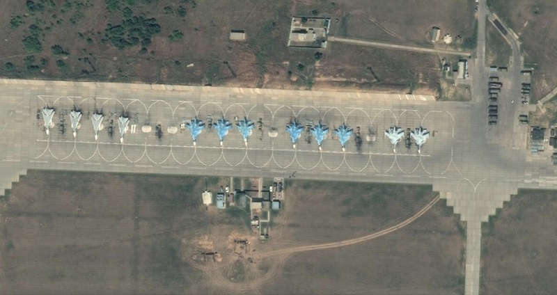 Sukhoi Su-34 fighter-bombers (blue) at Morozovsk air base on 31 July 2022.