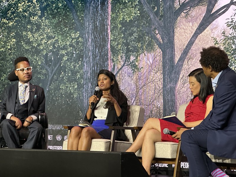 ‘We have an opportunity to do things right and not repeat the mistakes of the past and replicate economic models that perpetuate exploitation and people’s rights abuses’ Shruti Suresh, at the SDG Zone, UN Headquarters