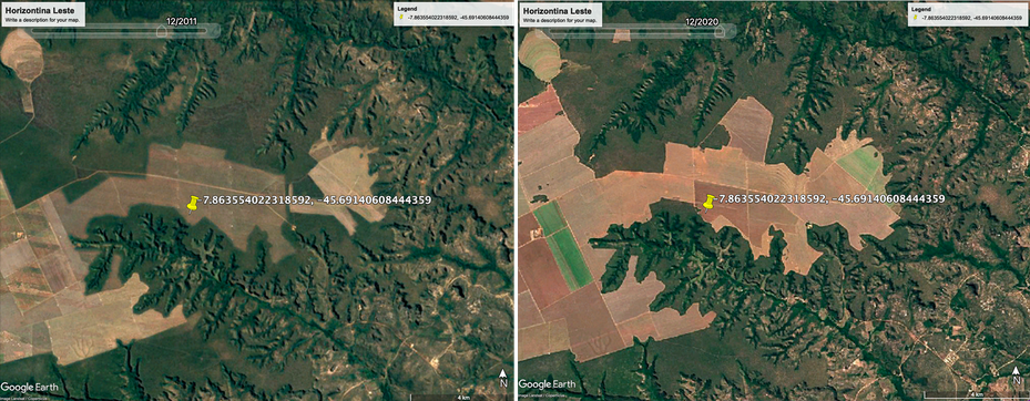 two satellite images. Left: East side of Horizontina Leste farm, December 2011, shortly before purchase by Brookfield. Right: East side of Horizontina Leste farm, December 2020, shortly before being sold by Brookfield