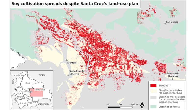 Map showing soy cultivation spreads despite Santa Cruz's land-use plan