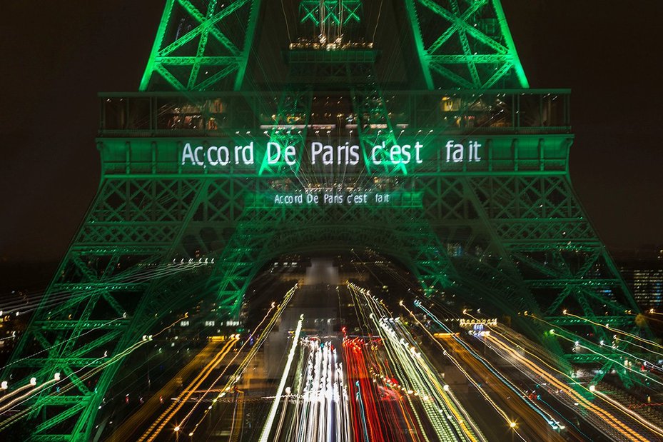 The Eiffel Tower was illuminated in green to celebrate the ratification of the COP21 climate change agreement in Paris