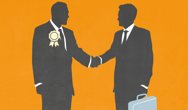 illustration of a fossil fuel lobbyist shaking hands with a global leader