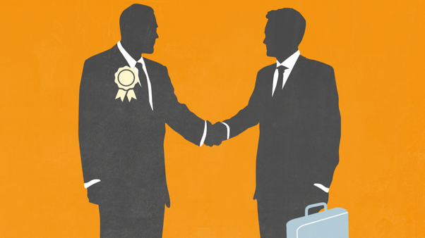 illustration of a fossil fuel lobbyist shaking hands with a global leader