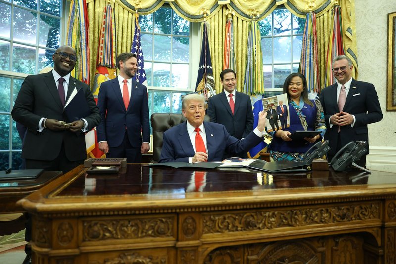 US President Donald Trump, joined by Massad Boulos and marco rubio, meets with Rwandan foreign affairs minister Olivier Nduhungirehe and the foreign minister of the DRC Thérèse Kayikwamba Wagner in the Oval Office as a peace treaty was signed