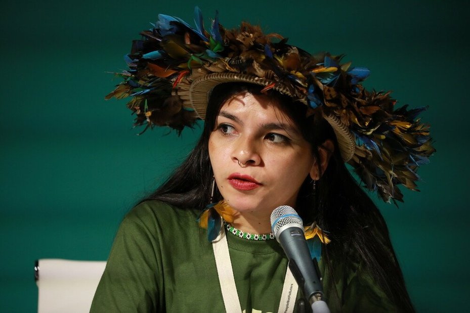 Txai Suruí, Indigenous climate activist from Brazil, speaks at an event about land and environmental defenders co-organised by Global Witness at COP28, in Dubai, UAE, on 3 December 2023