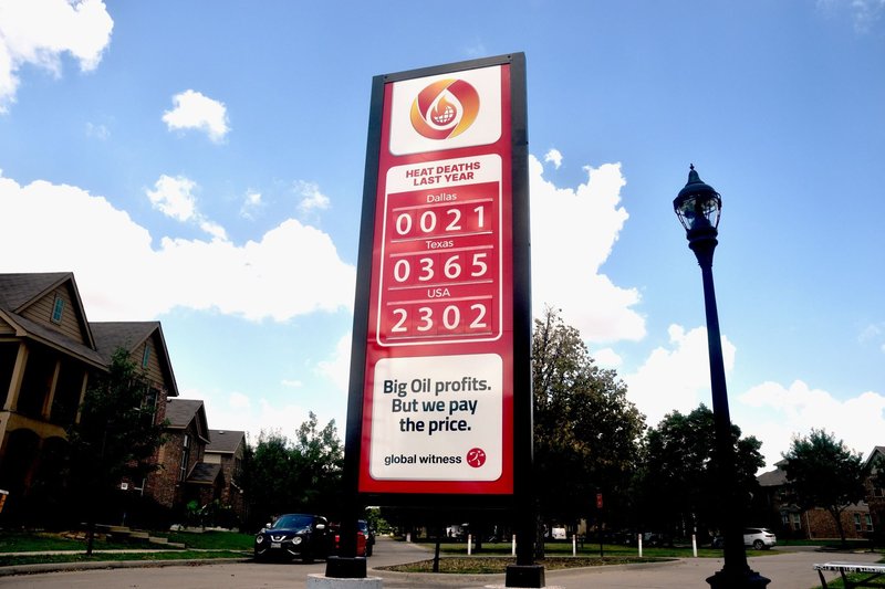 Global Witness erected fake gas pumps in Dallas to show the scale of the heat deaths crisis in the county. JOAN Studio