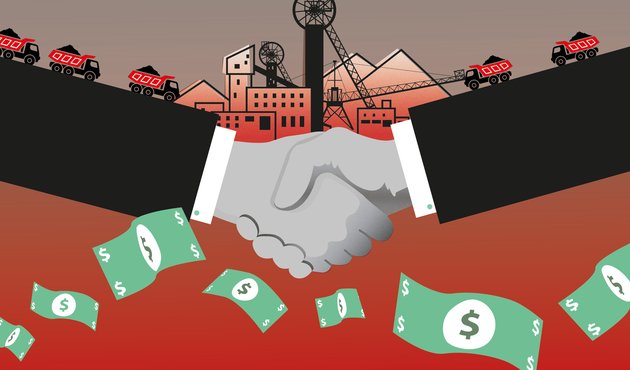 illustration of two businessmen shaking hands as oil trucks drive across their arms to refinery