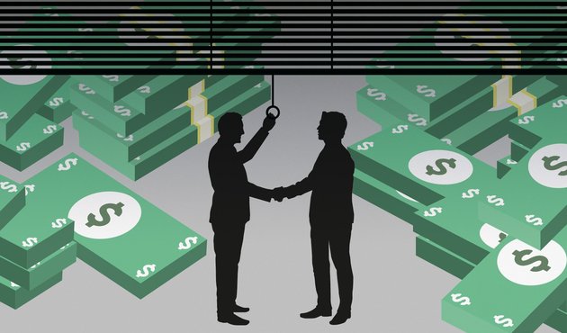 illustration showing two businessmen making deal while pulling down blinds for secrecy