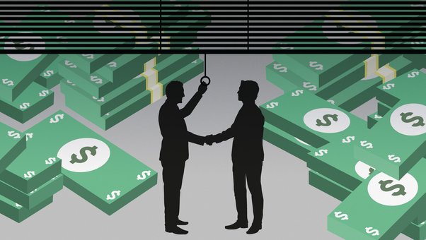 illustration showing two businessmen making deal while pulling down blinds for secrecy